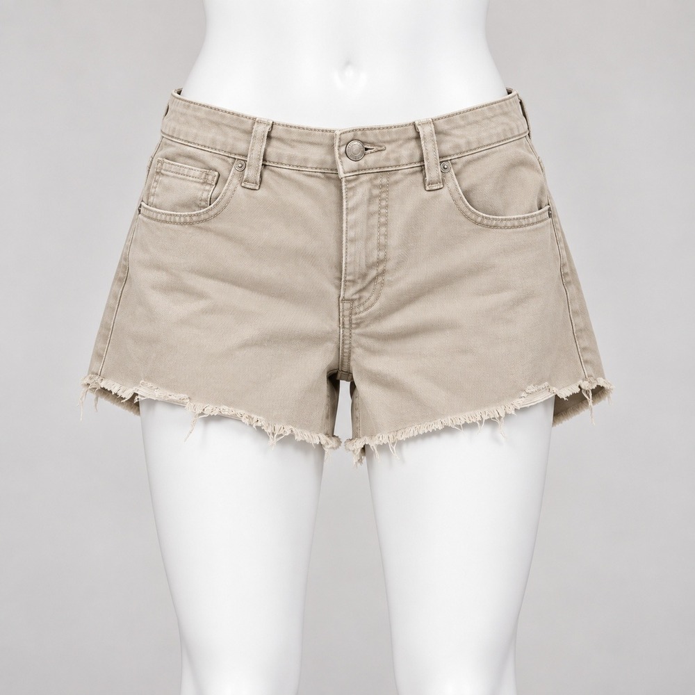Old Navy Denim Shorts Womens 16 Khaki Tan Raw Hem Stretch Casual Mid Rise